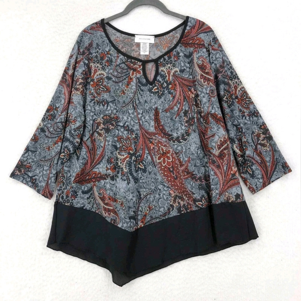Exclusive One Womens Top 1X Gray Black Floral Asymmetrical Stretch 3/4 Sleeve